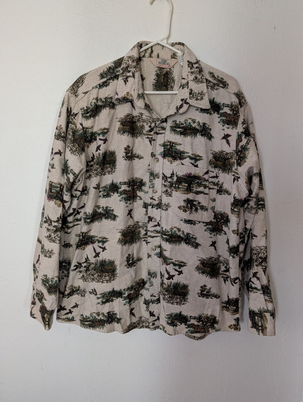 Vintage RedHead Shirt Men XL Beige Flannel Button Down Duck Hunting Theme